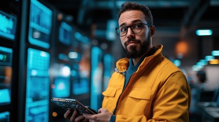 Innovative Tech Engineer Holding Device in High-Tech Environment