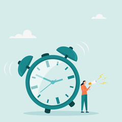 Deadline concept planner with flat vector illustration.Time management at work, character holding megaphone standing next to big clock as deadline symbol.	