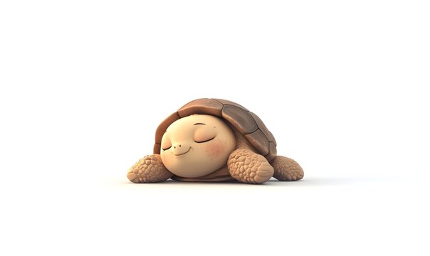 Cute cartoon tortoise sleeping peacefully on white background.