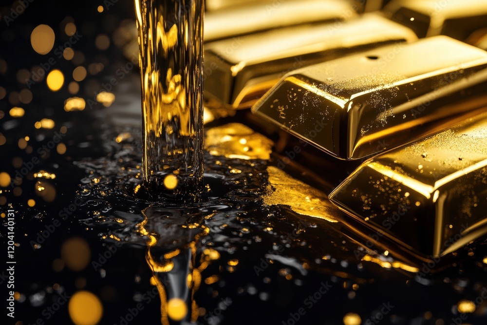 Poster Golden bars submerged in flowing water creating a captivating contrast and visual effect during daylight hours. Generative AI