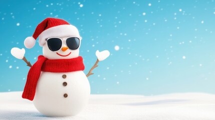 Fototapeta premium Cheerful Snowman in Sunglasses and Santa Hat with Red Scarf, Snowy Background and Blue Sky