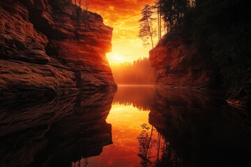 Fiery sunset casts an orange glow on a serene canyon river, reflecting the vibrant sky and rock formations.