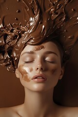 Portrait of a woman with a chocolate in her hair. Fashion concept for beauty and make up. Mocha Mousse beige-brown background.