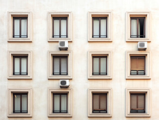 Fototapeta premium Symmetrical Building Facade with Windows and Air Conditioners in Urban Setting