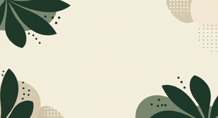 Abstract Beige and Green Botanical Background with Minimalist Leaf Design and Geometric Shapes