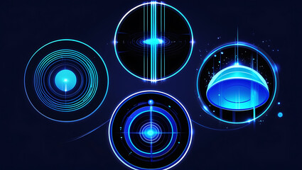 Futuristic Holographic Circles, Ethereal Digital Illustration with Concentric Rings, Light Streaks, Dome Design & Ripple Effects on a Dark Background