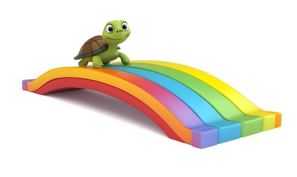 Cute cartoon turtle crawling on a rainbow bridge.
