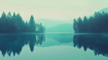 Tranquil reflection of pine trees on serene lake nature landscape foggy environment peaceful viewpoint