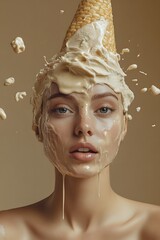 Fashion portrait of a woman with ice cream on her head. Creative abstract idea for delicious food on mocha mousse brown background.