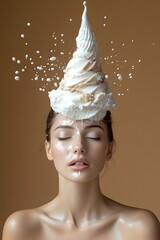 Fashion portrait of a woman with ice cream on her head. Delicious creative idea on mocha mousse without brown background.