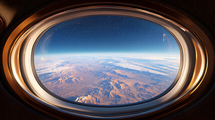 Spaceship porthole Earth's desert landscape sunrise view, space travel concept