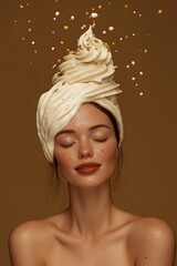 Portrait of a woman with a ice cream on head. Surreal abstract idea on mocha mousse background.