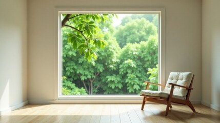 Serene Relaxation A Room with a View of Lush Greenery and a Comfortable Wooden Chair Perfect for Quiet Contemplation