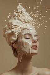 Fresh portrait of a woman dripping ice cream. Creative fashion trendy idea in mocha mousse background color.