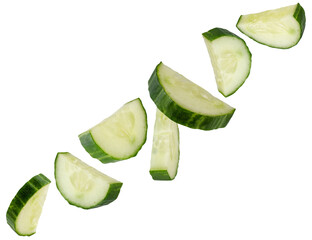Half circles cucumber slices fly in space forming a chain shape. Isolated on white
