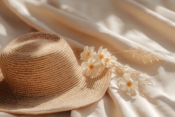 Summer hat on a beach on the towel with daisy flowers. Beige-brown mocha mousse backgorund. Fashion trendy concept.