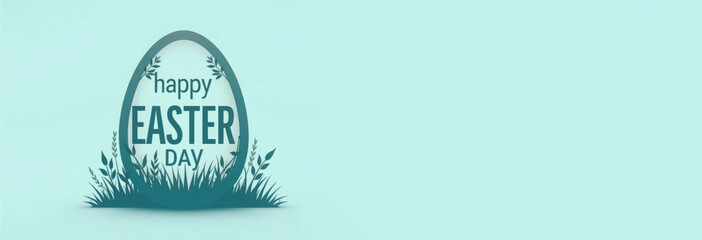 Easter card. Silhouette of Easter egg on green background. Around egg fresh greenery with flowers. On egg inscription “Happy Easter day”. Easter concept. Copy space