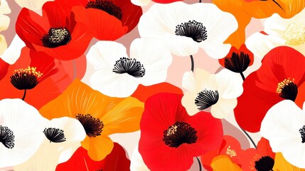 Vibrant Poppy Garden, bold red and orange poppies create a lively, seamless pattern perfect for textiles and wallpapers.