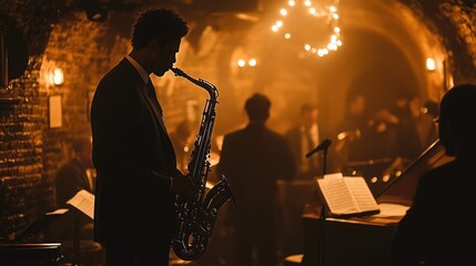 A talented saxophonist pours his soul into the lively notes, filling the cozy jazz lounge with captivating melodies. The warm glow of lights enhances the intimate atmosphere as the audience sways