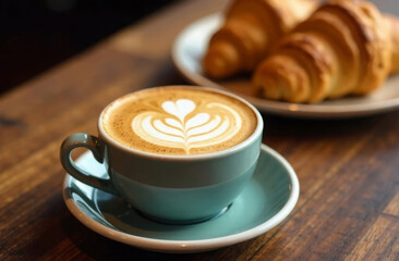 A freshly baked croissant and a cup of cappuccino on a wooden table in a cafe against the background of the city illuminated by warm sunlight. Morning breakfast in a cafe