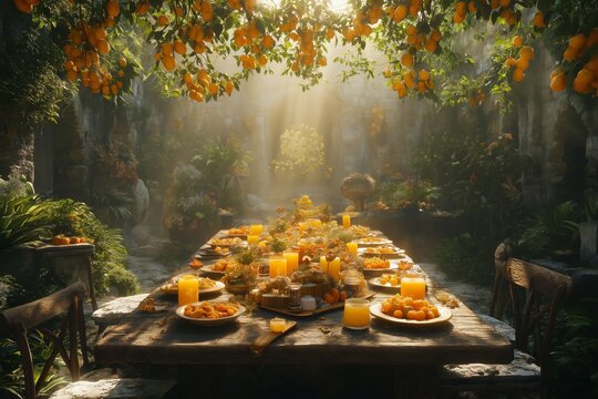 Experience a delightful Easter brunch in a sunlit garden filled with vibrant colors, where a beautifully arranged table awaits joyful gatherings and festive meals.