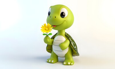 Cute cartoon turtle holding yellow flower.