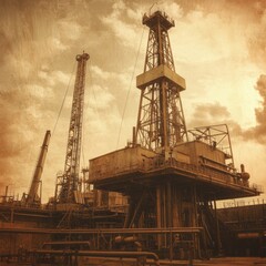 Industrial drilling rig operational at sunset under dramatic clouds in a remote location. Generative AI