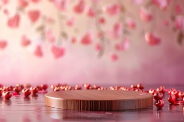 Elegant wooden platform surrounded by pink petals softly illuminated