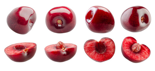 Set of whole and halves cherry berries isolated on white