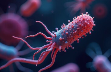 Microscopically small bacteria, depicted as colorful cells. Diversity bacteria under microscope, viruses and beneficial microbes. Concept medicine, health care