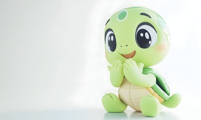Fototapeta premium Cute cartoon turtle sitting, smiling, hands on cheeks.