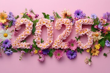 Romantic Flower Numbers 2025 on Soft Pink Backgorund. Creative spring decoration. Ai created concept.