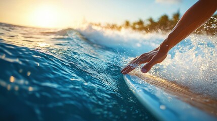 Close-Up Shot of Surfer's Hand Touching Water at Sunset Near Ocean Edge