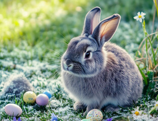 Grey and white rabbit in a grassy field, lightly dusted with snow, with spring flowers and coloured easter eggs scattered about the field. Early morning, backlit, spring, Easter theme.
