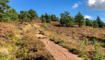 A picturesque hiking trail winds through heather-covered hills and pine trees, under a blue sky in Scotland. The bright autumn colors and natural scenery inspire relaxation and outdoor exploration.