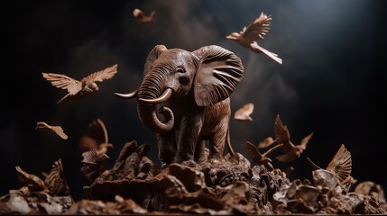 Obraz premium Artistic chocolate sculptures themed around animals, like elephants or birds, set in a studio with a spotlight and dark backdrop