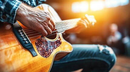 Fototapeta premium Close-Up Shot of Musician Gently Holding Acoustic Guitar in Soft Light