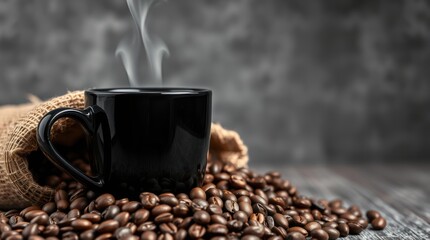 black Americano coffee cup and dark roasted coffee beans falling into a burlap sack against a gray background. The focus is sharp