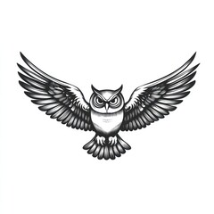 Obraz premium Majestic owl in flight, wings spread wide, against a white background; ideal for design or print