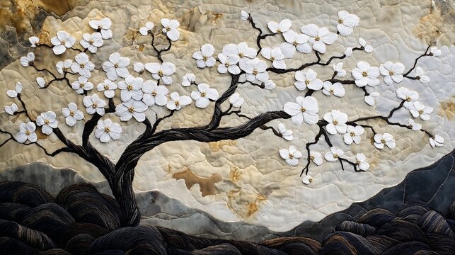 Embroidered cherry blossom quilt - ideal for craft blogs, home decor websites, art exhibitions, and DIY tutorials on textile art and traditional Japanese-inspired designs