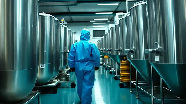 Rows of bright stainless steel equipment used for medicine production, with a protective-suited worker monitoring the process