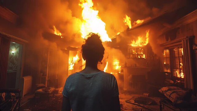 A young woman stands in front of a burning house, silhouetted by intense flames consuming the structure. The scene conveys urgency, danger, and tragedy. She seems motionless, witnessing the devastatio