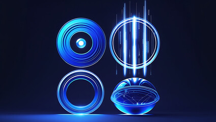 Futuristic Holographic Circles, Ethereal Digital Illustration with Concentric Rings, Light Streaks, Dome Design & Ripple Effects on a Dark Background