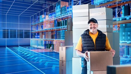 A warehouse worker stands in a high-tech, modern warehouse surrounded by shelves and stacks of boxes. He is holding a box, appearing thoughtful and focused on his task. The background features a digit - Powered by Adobe