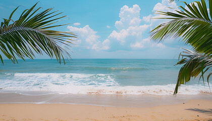 Palm tree on tropical beach with blue sky and white clouds abstract background