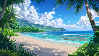 Palm tree on tropical beach with blue sky and white clouds abstract background