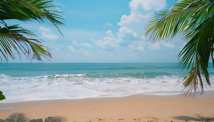 Palm tree on tropical beach with blue sky and white clouds abstract background