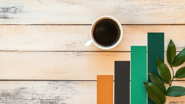 A coffee cup sits beside colorful bar graphs and green leaves on a rustic wooden surface, symbolizing growth and productivity.