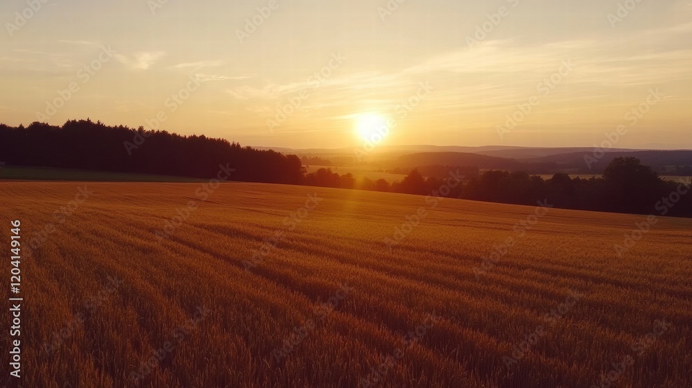 Poster Sun setting over golden wheat field with trees in the background during twilight hours in the countryside. Generative AI