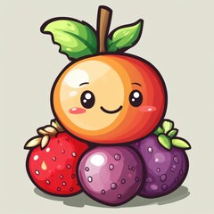 very detailed. Funny cartoon icon about fruit with smiling face, Line Art Style, Clear Background